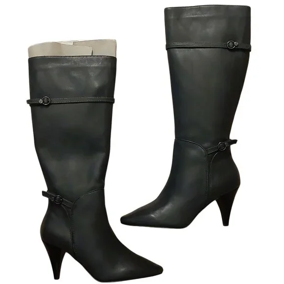 BCBGMAXAZARIA AVA Belted Dark Charcoal Grey Leather Boots Retail Sz 6.5 $434
